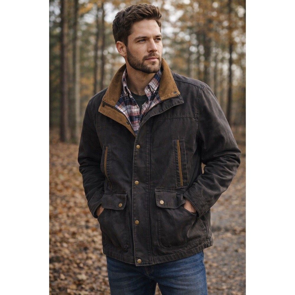 CQR Canvass Chore Coat Barn Jacket Mens XL Gray Flannel Lined Corduroy Collar